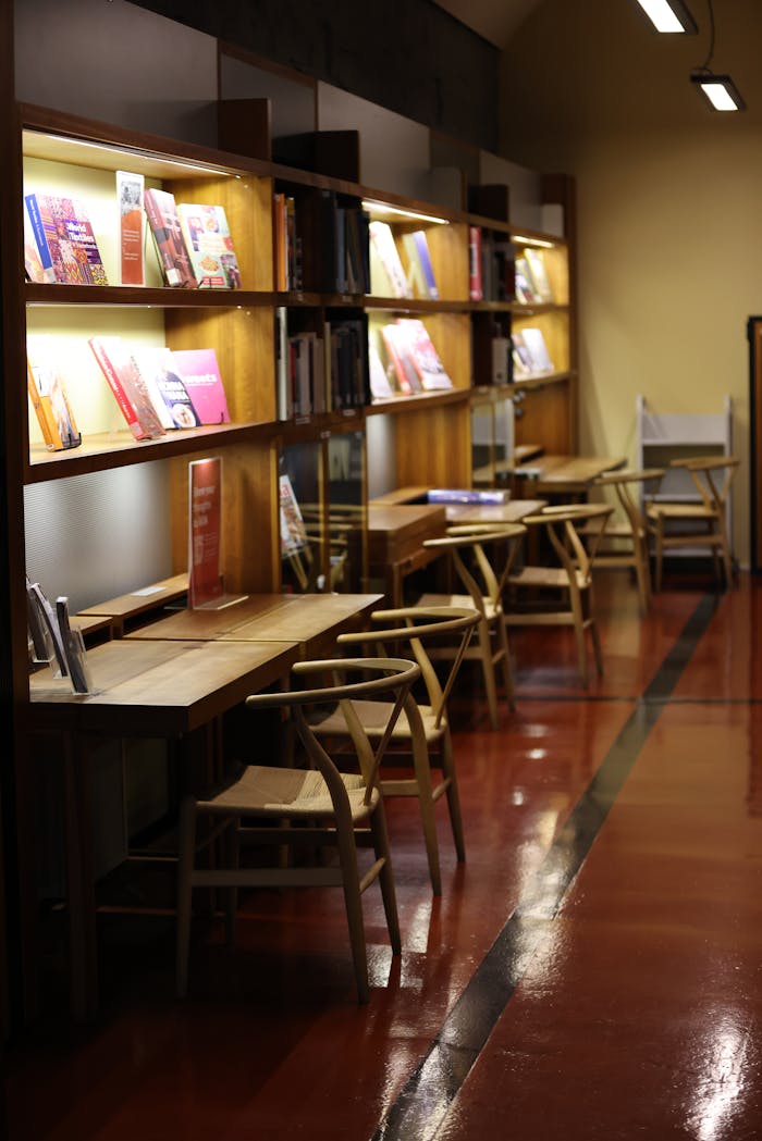 Inviting study area in Melbourne's museum library with books and seating.